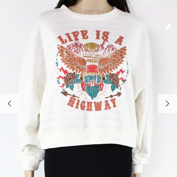 Tops - Ivory Crewneck Long Sleeve Sweatshirt "Life is a Highway" Logo Size XL